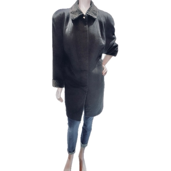 🧥👜 ALORNA WOMAN Vintage Swing CoatLeopard Velvet Collar Forstmann Wool 1990s
